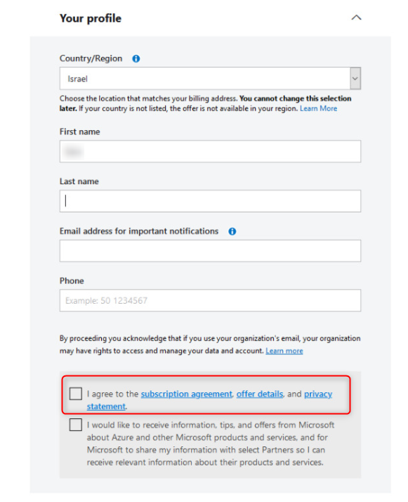 Azure personal information